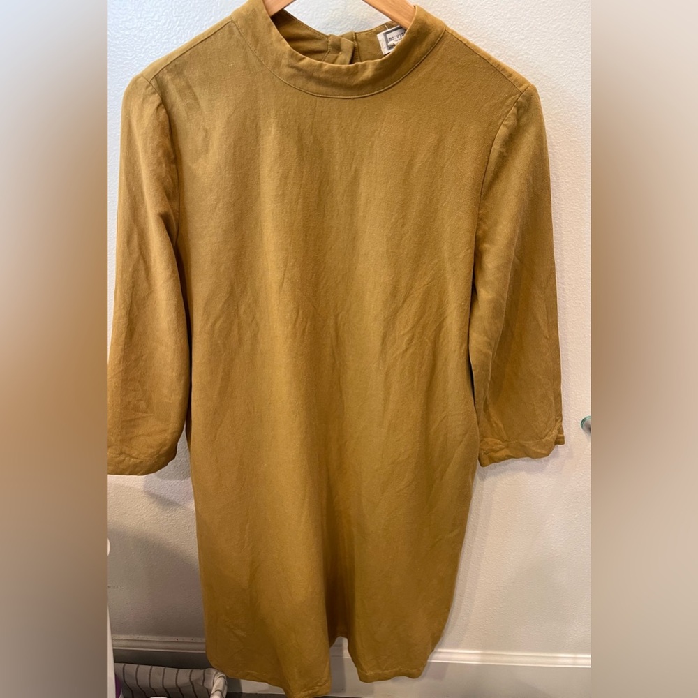 Movint linen 3/4 sleeves back button high neck mini dress mustard color